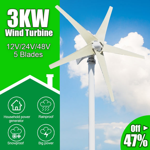 High Quality 3000W 5 Blades Free Energy Windmill 12V 24V 48V Wind Power Small Wind Turbine Generator MPPT Controller For Home use