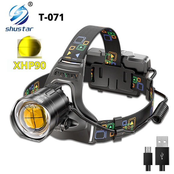 Super Bright LED Headlight with XHP90 Lamp Beads Waterproof Headlight Power Display Suitable for Exploration, Hunting, Fishing