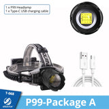 High Power XHP99 Super Bright LED Headlamp Fishing Headlight Telescopic Zoom IP64 Waterproof with Charge Display