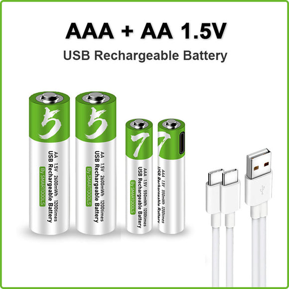 High Capacity AA + AAA USB Rechargeable battery Kits 1.5V AA 2600mWh/AAA 750mWh li-ion batteries for toys watch MP3 player thermometer+TYPE-C Cable